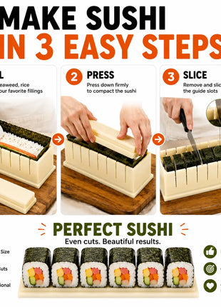 Sushi Making Kit with Cutter Mold, DIY Sushi Maker Tool for Perfect Even Rolls, Easy Homemade Sushi Kitchen Gadget