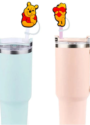Cute Pooh Bear Silicone Straw Toppers for 10mm,Straw Caps for Glass Cup,with 30&40Oz Tumbler with Handle Dust-Proof Reusable