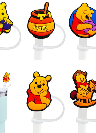 Cute Pooh Bear Silicone Straw Toppers for 10mm,Straw Caps for Glass Cup,with 30&40Oz Tumbler with Handle Dust-Proof Reusable