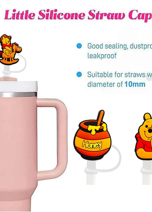 Cute Pooh Bear Silicone Straw Toppers for 10mm,Straw Caps for Glass Cup,with 30&40Oz Tumbler with Handle Dust-Proof Reusable